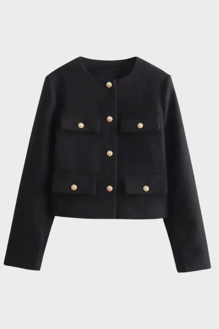 Women's Jacket Crew Neck Short Structured Pockets with Button Placket