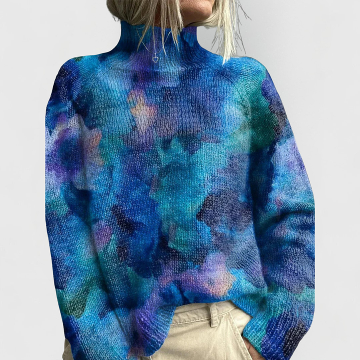 Women’s Loose Turtleneck Sweater with Ribbed Cuffs Long Sleeve and Nature Print