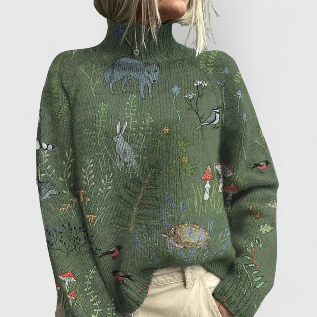 Women’s Loose Turtleneck Sweater with Ribbed Cuffs Long Sleeve and Nature Print