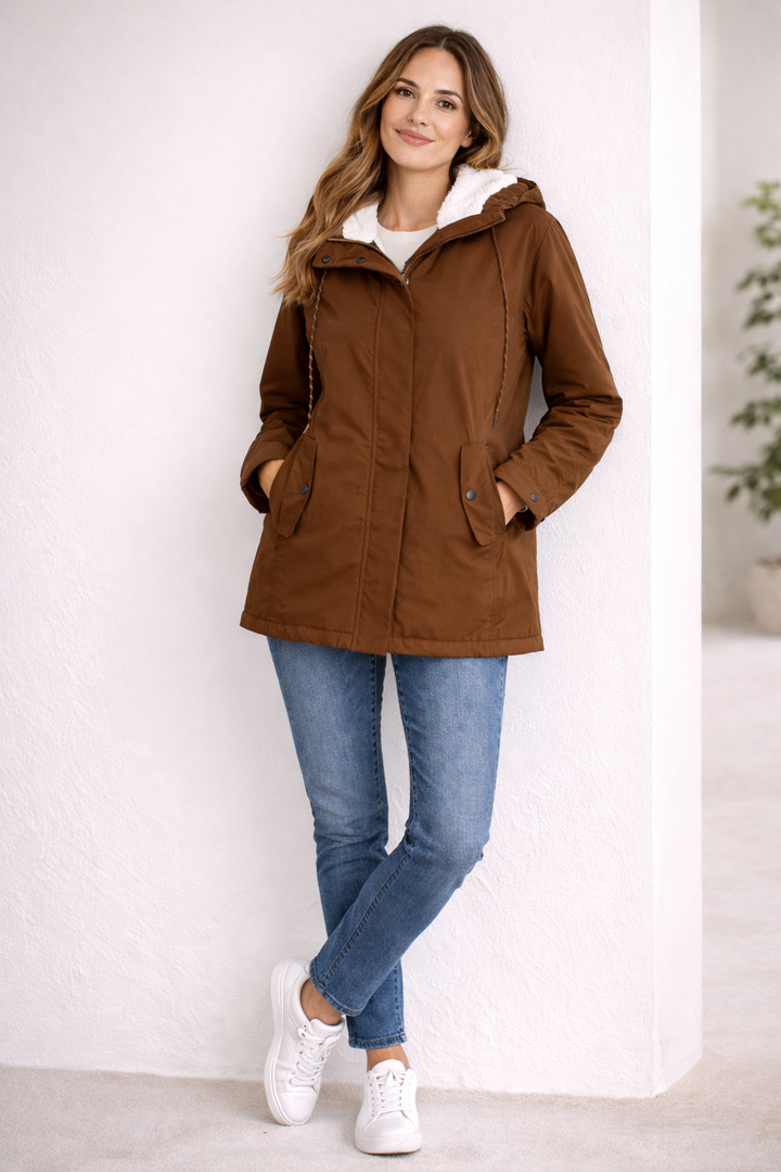 Women's Winter Jacket Tailored Fit Hooded Long Sleeve with Button Pockets