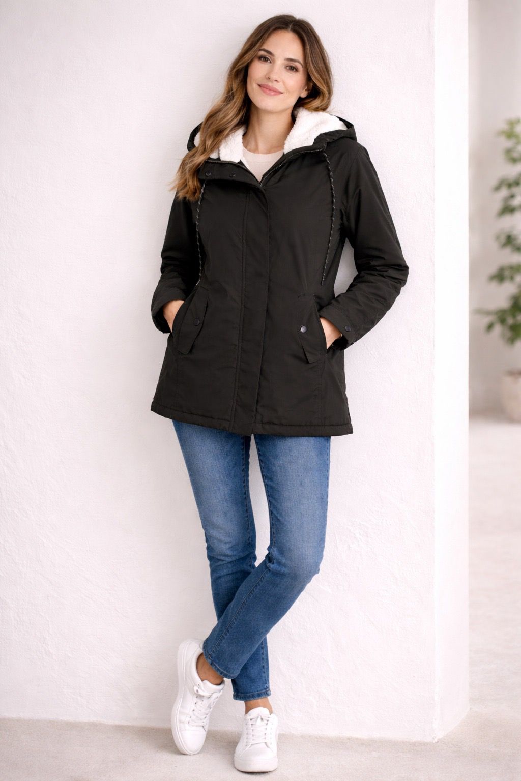 Women's Winter Jacket Tailored Fit Hooded Long Sleeve with Button Pockets