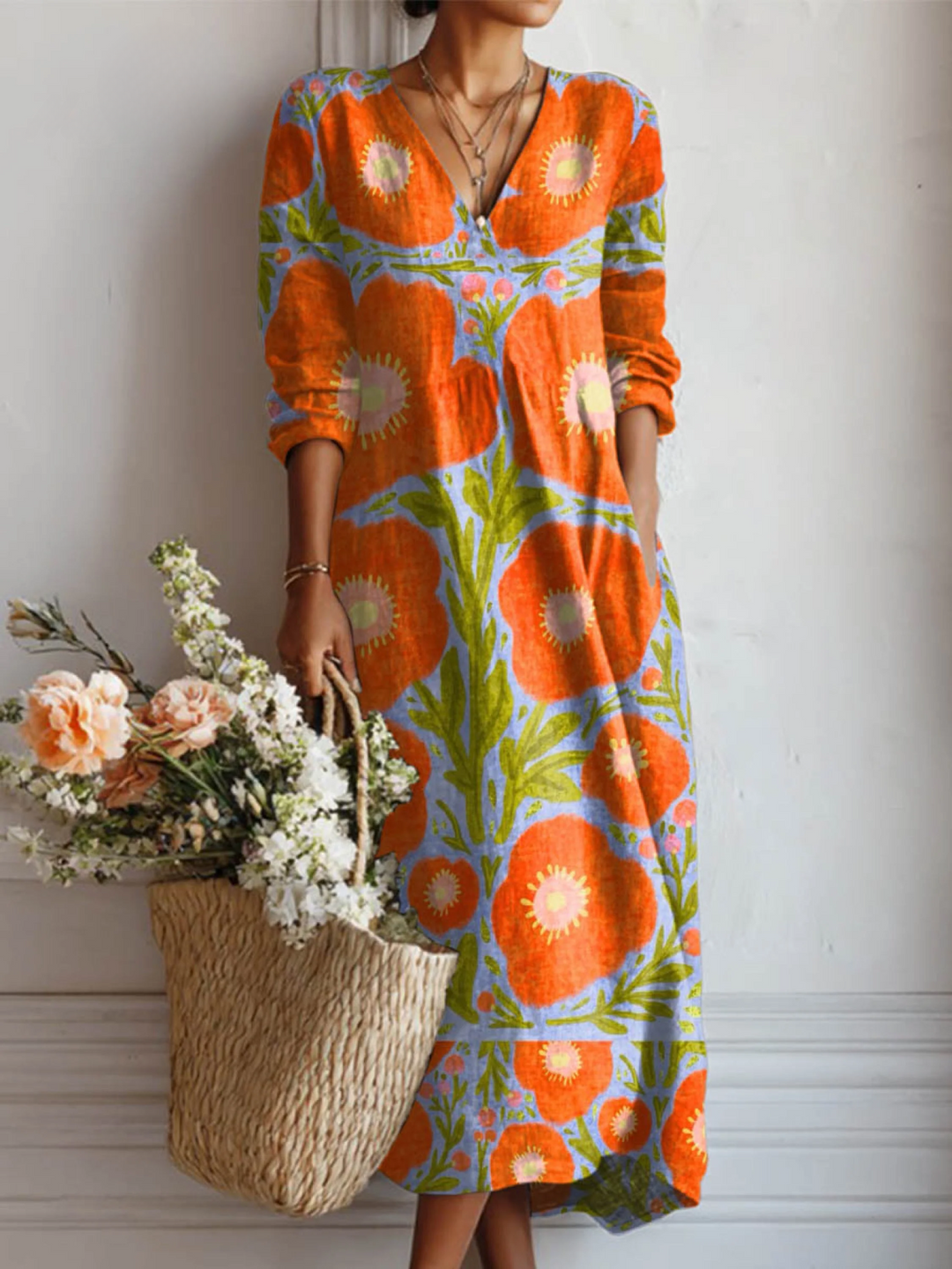 Autumn Maxi Artistic Dress with V-neckline and Floral Print - Elena Harper