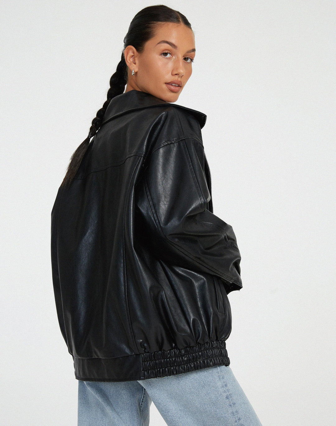 Luxury Women's Leather-Look Bomber Jacket with Oversized Fit
