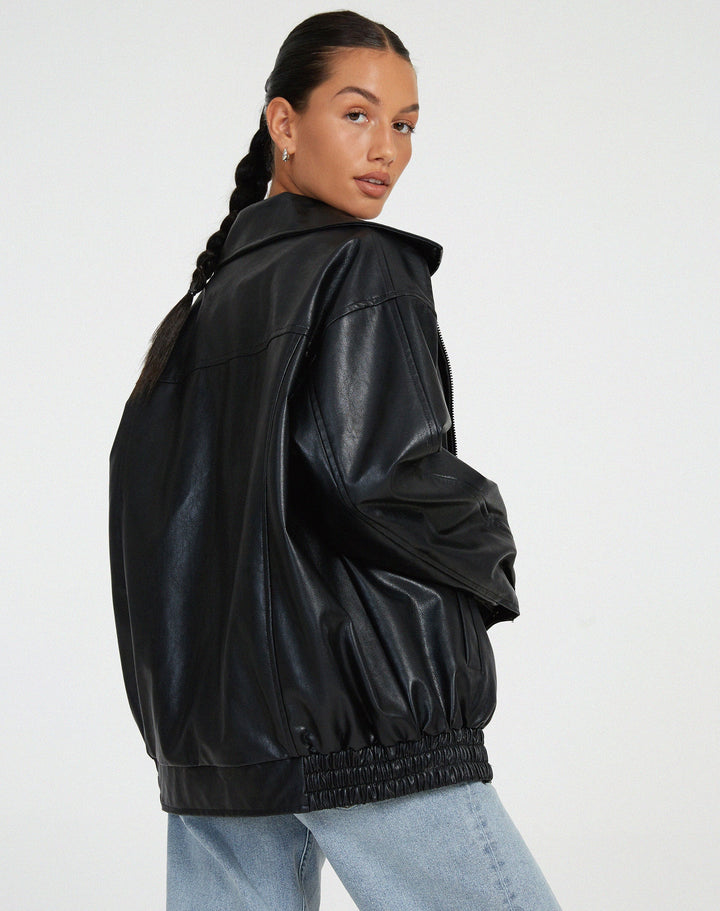 Luxury Women's Leather-Look Bomber Jacket with Oversized Fit
