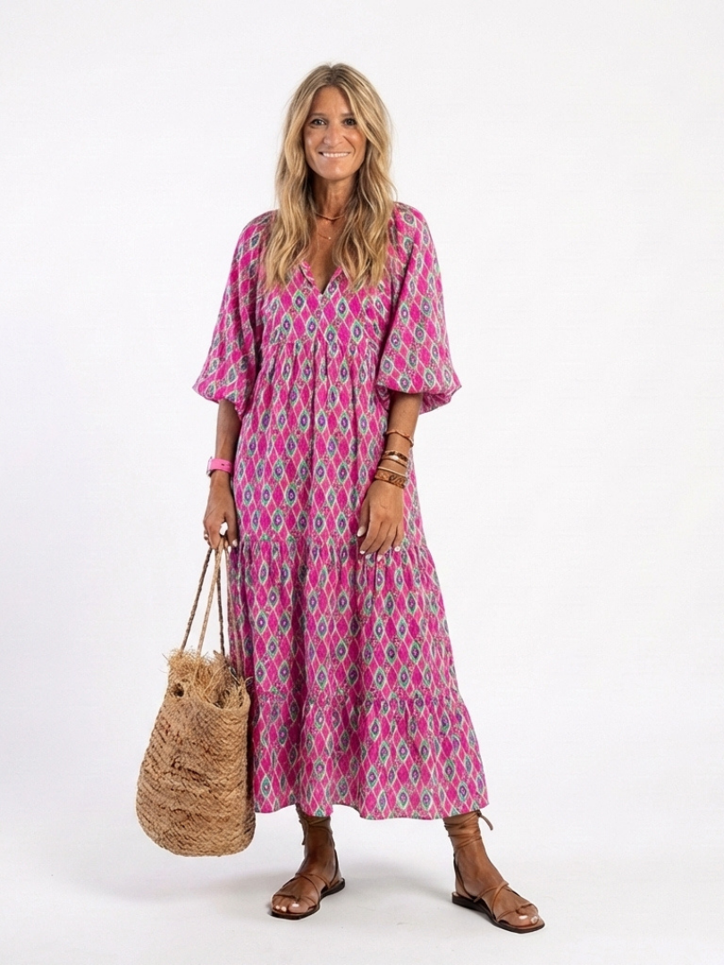 Apolline Three Quarter Sleeve V Neck Patterned Midi Dress - Elena Harper
