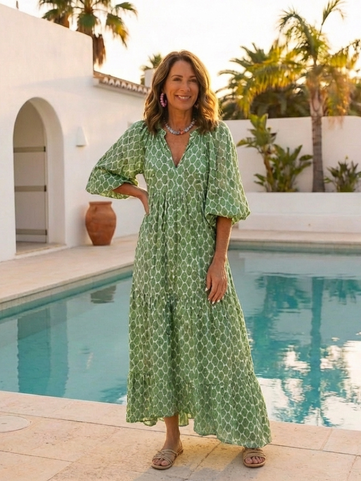 Apolline Three Quarter Sleeve V Neck Patterned Midi Dress - Elena Harper
