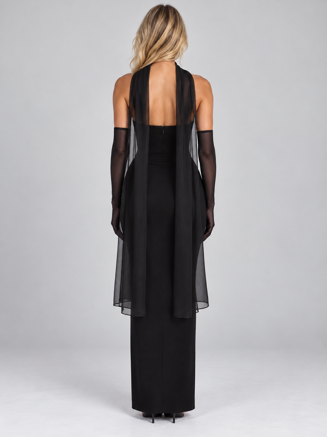 Women’s Strapless Maxi Dress – Sheer Gloves & Chiffon Scarf