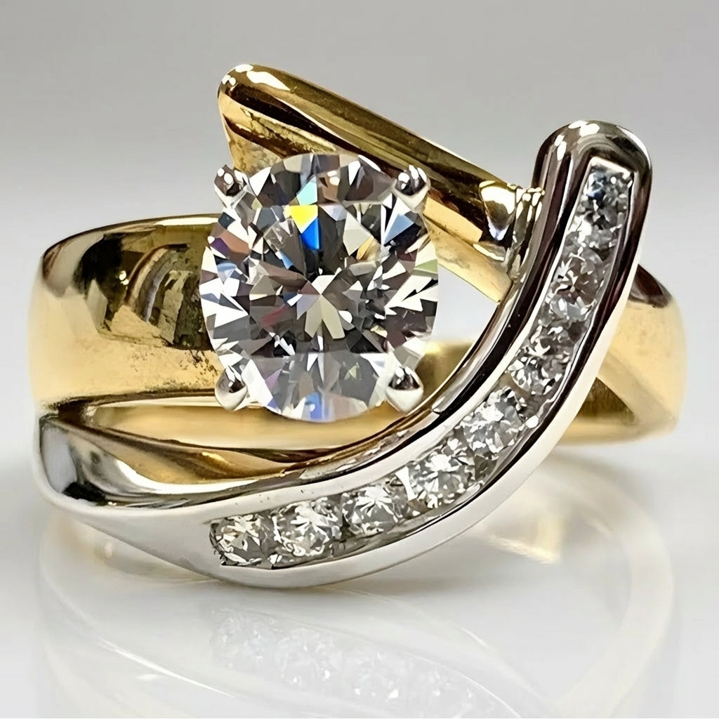 Elegant Two Tone Gold Round Cut Zirconia Swirl Ring - Elena Harper