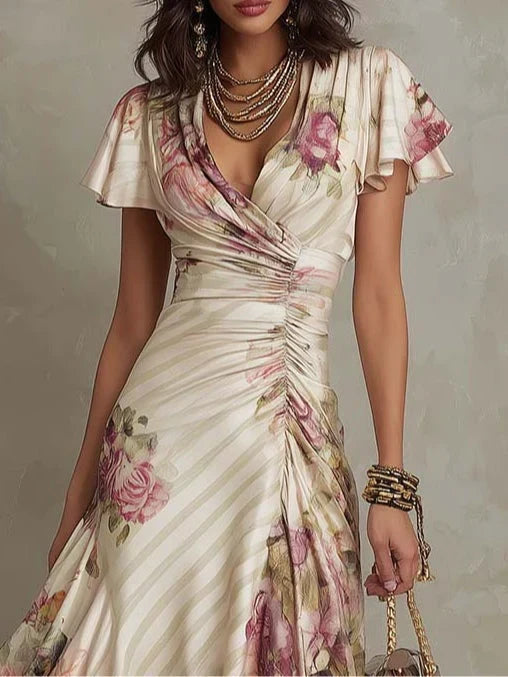 Alba | Elegant Midi Draped Dress with Flowers