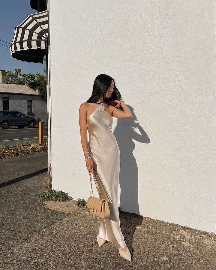 Faelith ™ | Backless satin halter neck maxi dress