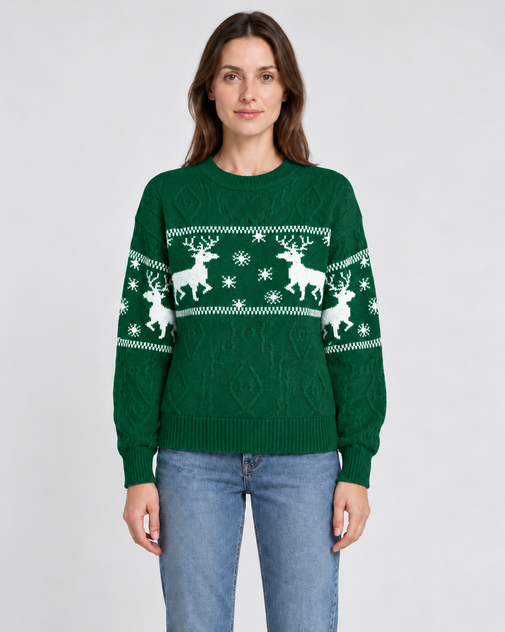 Twisted Knit Sweater with Reindeer and Snowflakes for Women