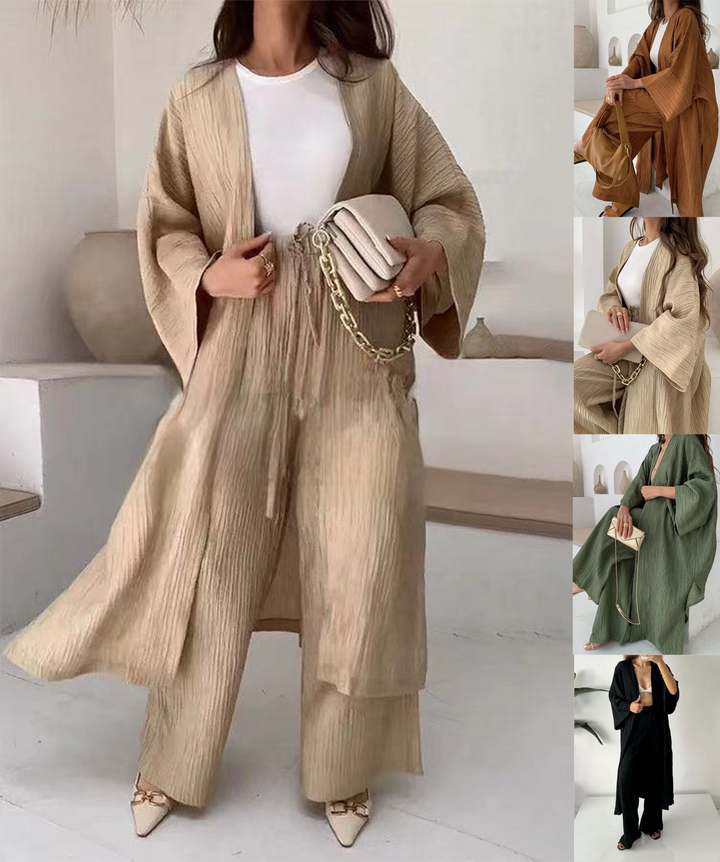 Aubree Casual Two-Piece Set in Pleated Kimono Style, view 4 - Elena Harper