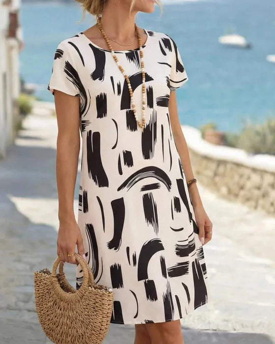 Kline Short Sleeve Dress with Abstract Pattern, view 2 - Elena Harper