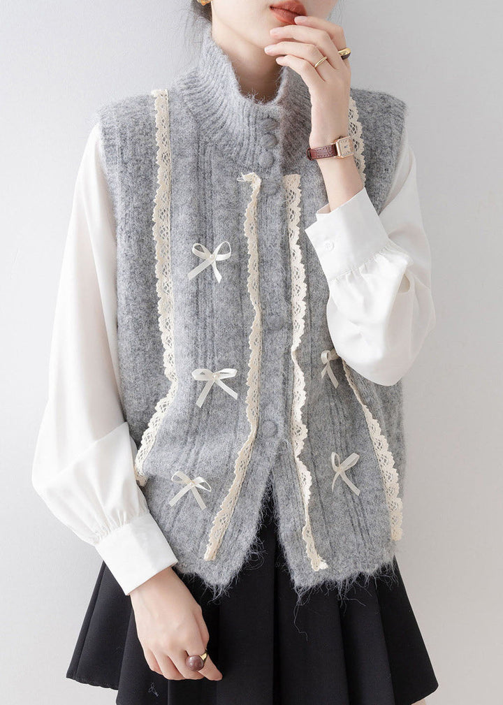 Ladies' Vest with Stand-up Collar and Lace Patchwork