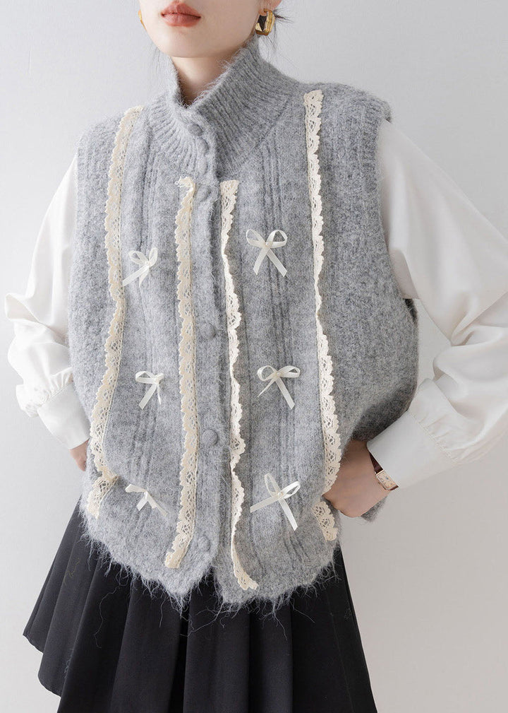 Ladies' Vest with Stand-up Collar and Lace Patchwork