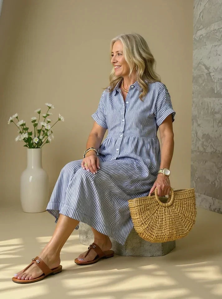 Madeline Striped Button-down Relaxed Midi Dress - Elena Harper