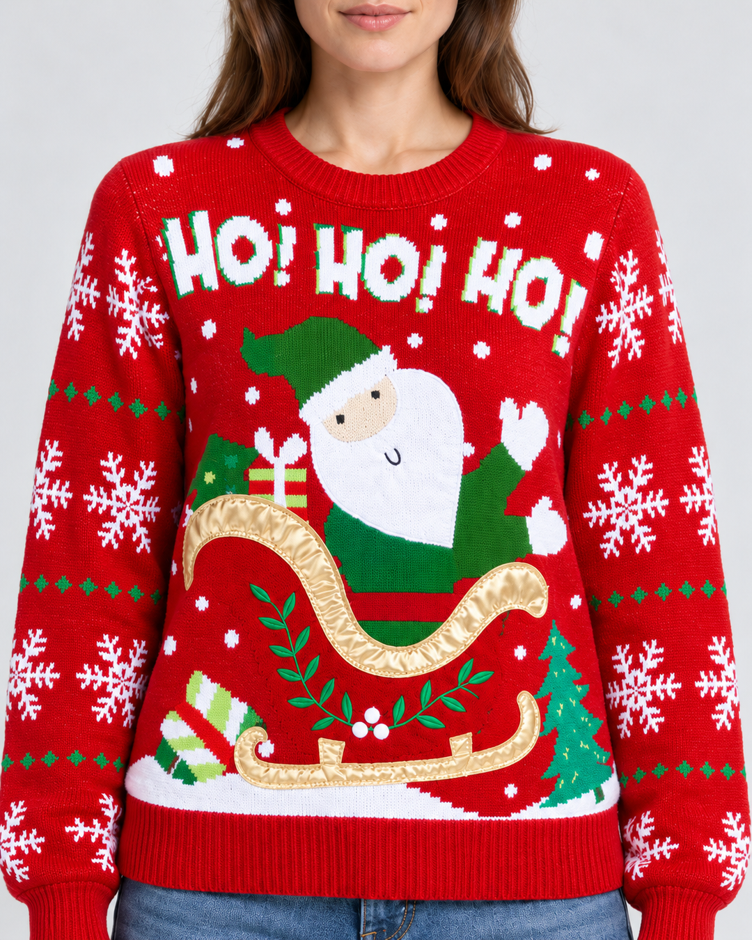 Christmas Sweater with Santa Pattern and Festive Slogan for Women