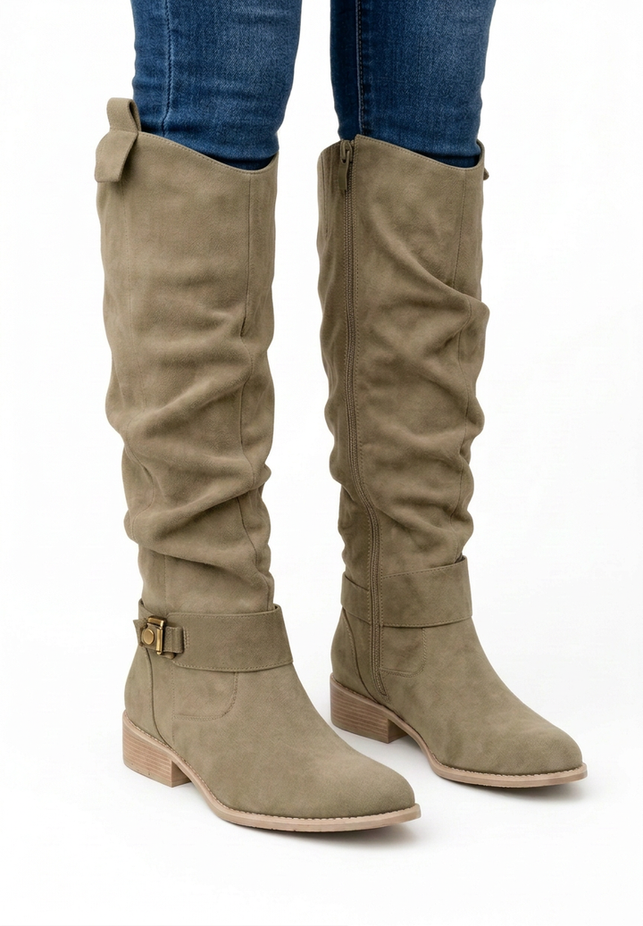 High Knee Boots with Pleated Shaft, Pointed Toe, and Small Heel for Women