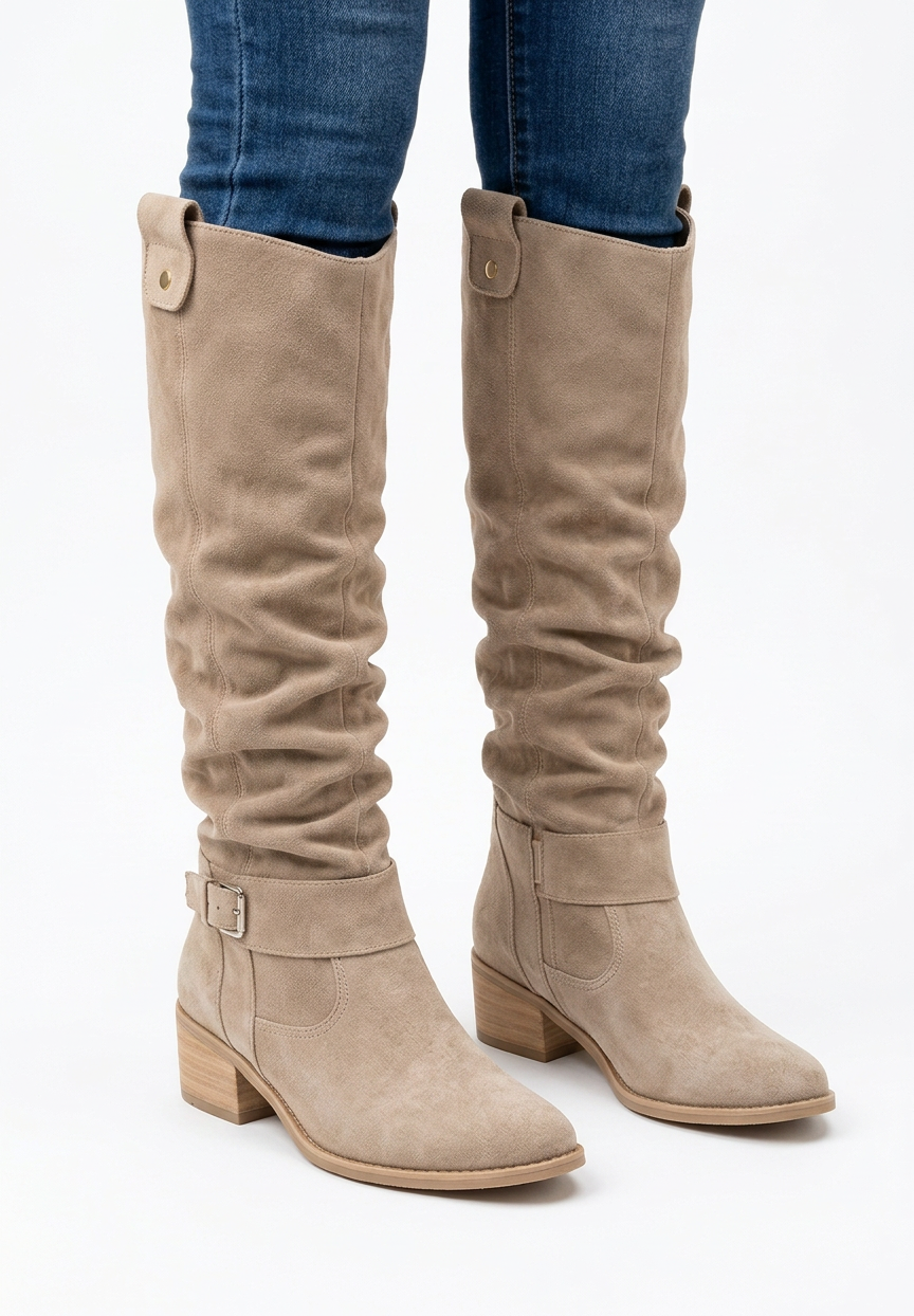 Beige High Boots with Suede Effect, Pleated Shaft, and Decorative Buckle for Women