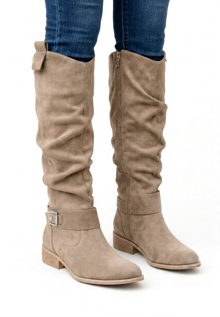 High Knee Boots with Pleated Shaft, Pointed Toe, and Small Heel for Women