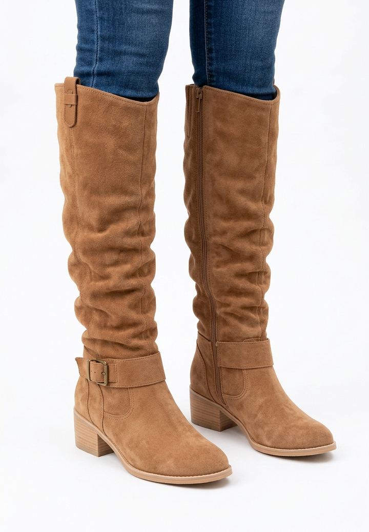 Beige High Boots with Suede Effect, Pleated Shaft, and Decorative Buckle for Women