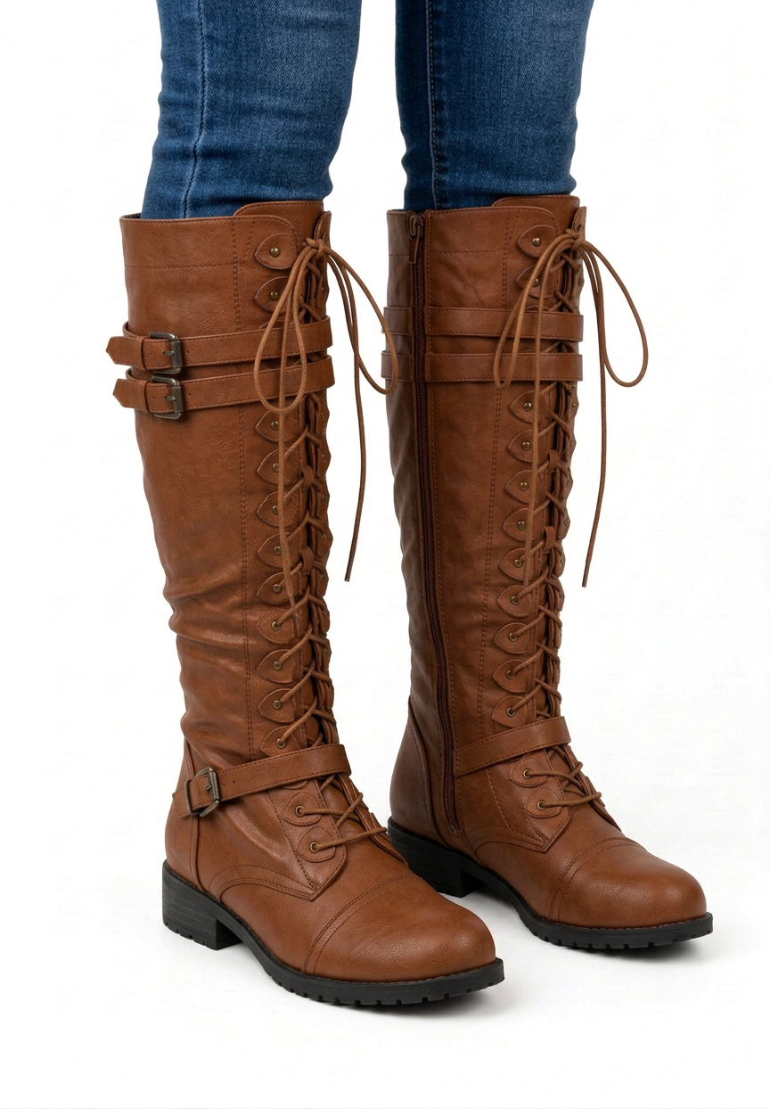High Lace-Up Boots with Decorative Buckles and Chunky Sole for Women