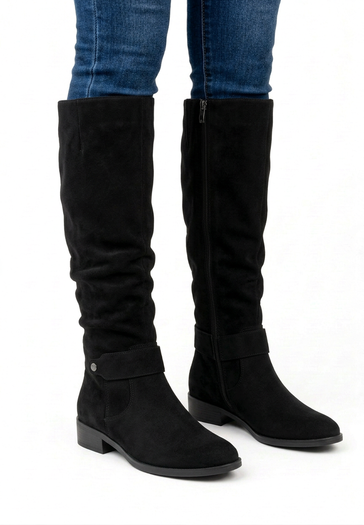 High Pleated Effect Block Heel Boots with Decorative Buckles for Women