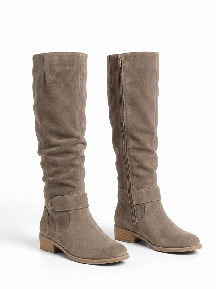 High Pleated Effect Block Heel Boots with Decorative Buckles for Women