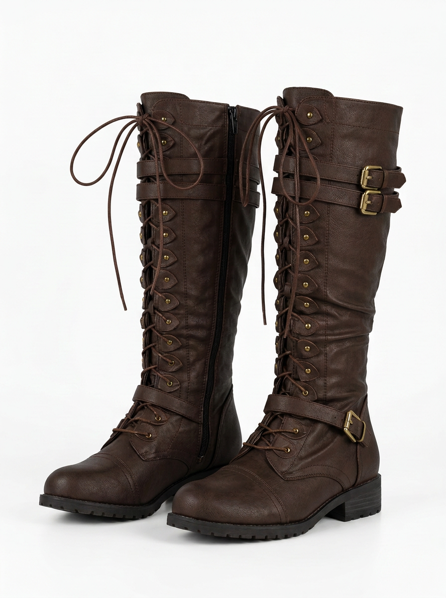 High Lace-Up Boots with Decorative Buckles and Chunky Sole for Women