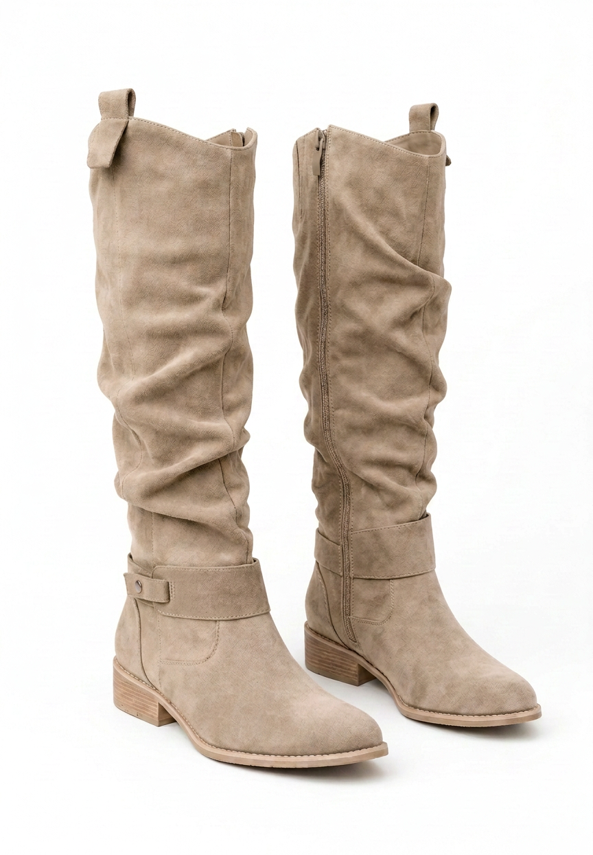 High Knee Boots with Pleated Shaft, Pointed Toe, and Small Heel for Women