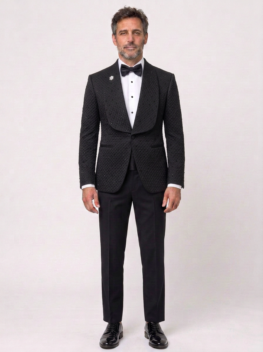 Two-Piece Suit with Shawl Collar and Beaded Details for Men