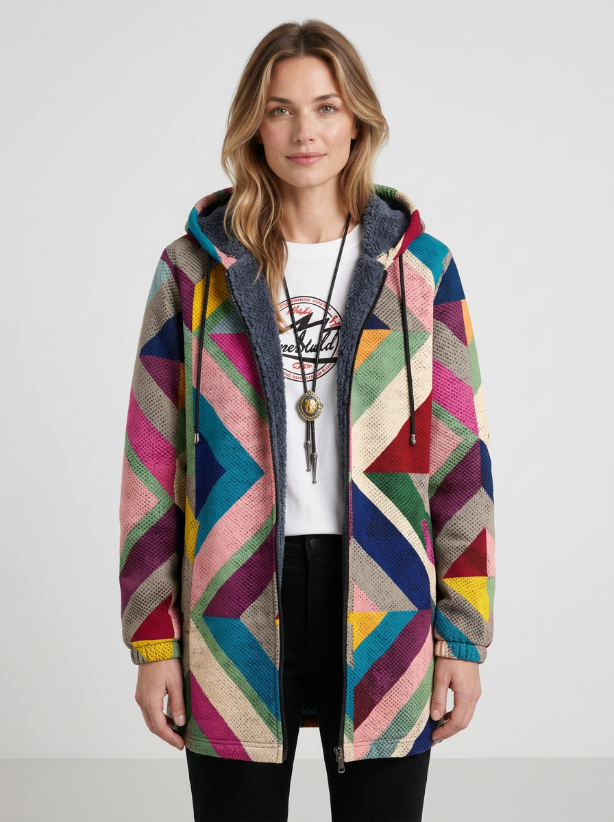 Hooded Cardigan with Geometric Pattern for Women