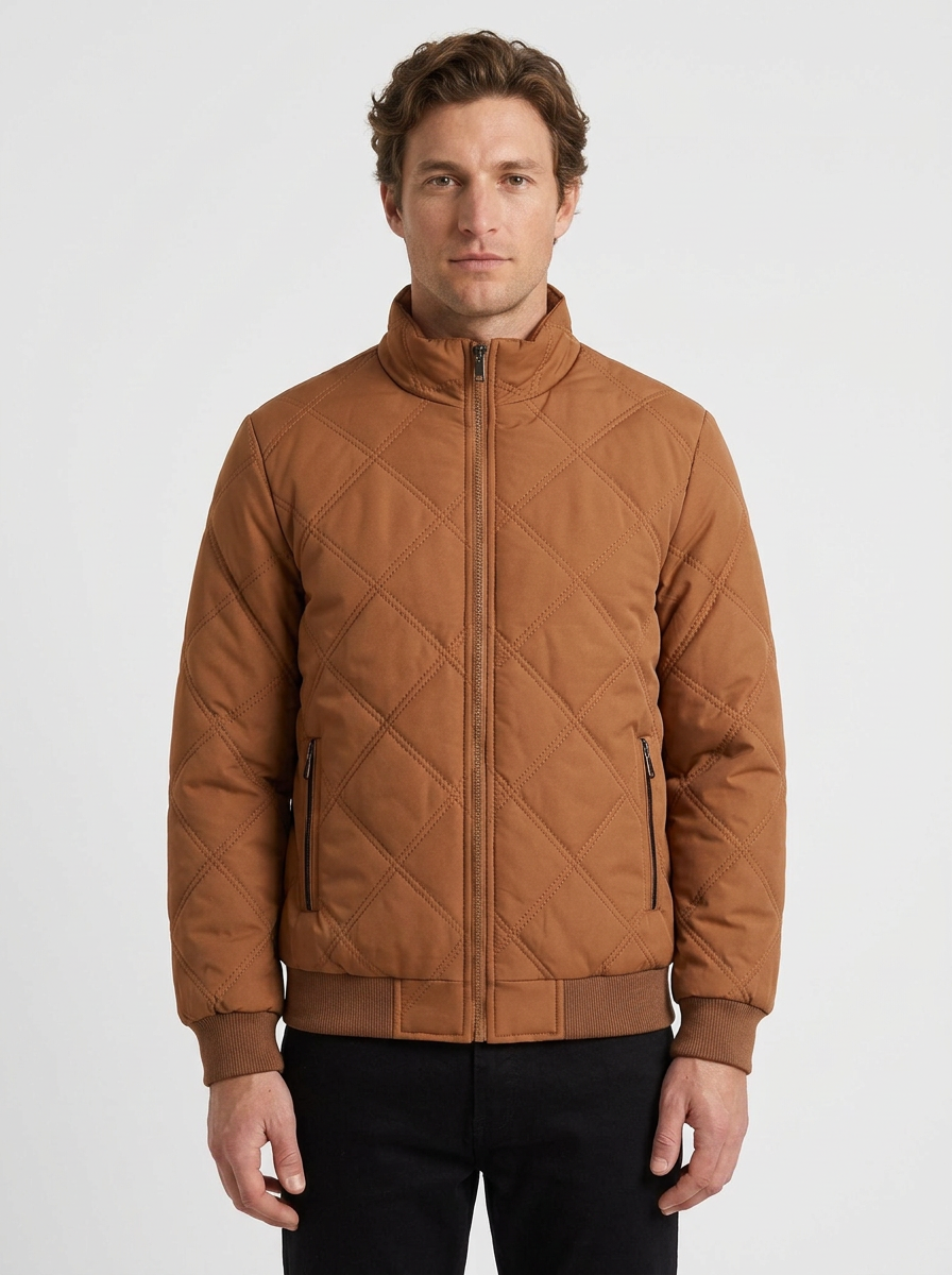 Diamond Quilted Jacket with High Collar for Men