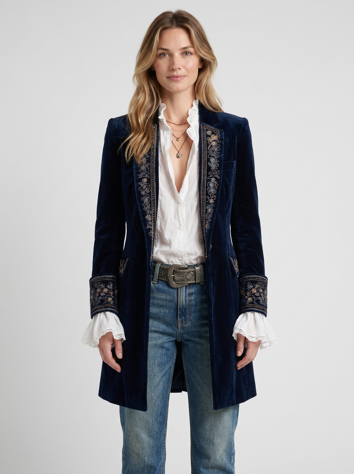 Navy Blue Long Jacket with Embroidery for Women