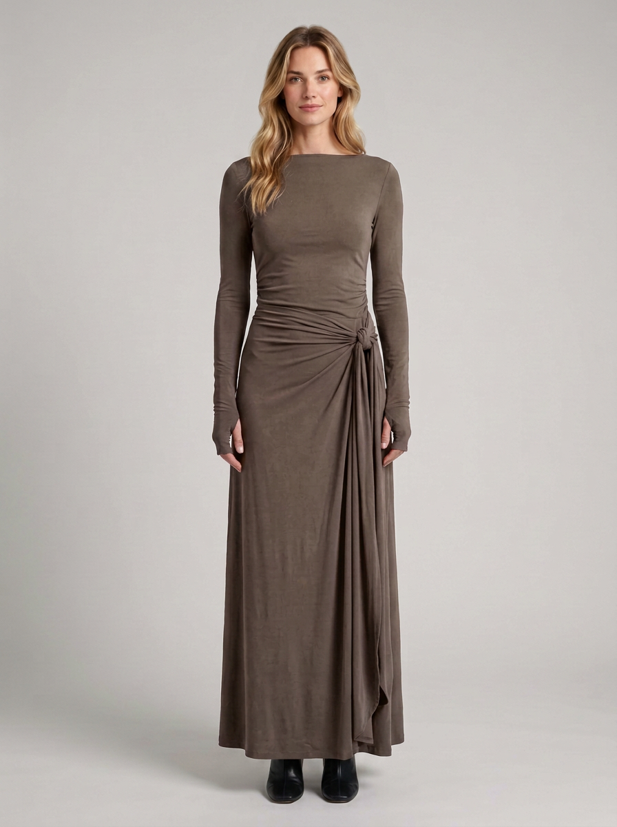 Draped Side Maxi Dress With Long Sleeves For Women