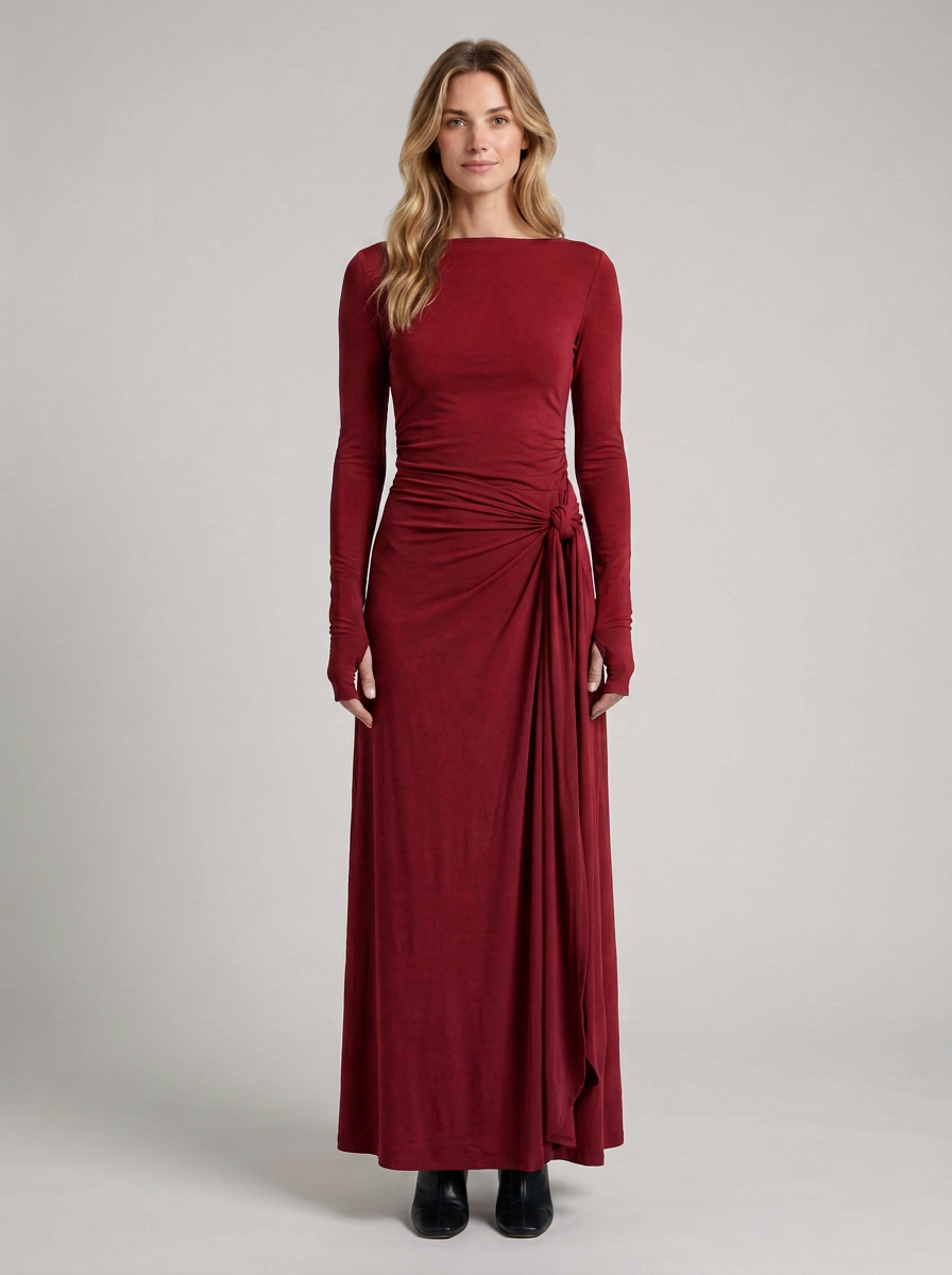 Draped Side Maxi Dress With Long Sleeves For Women