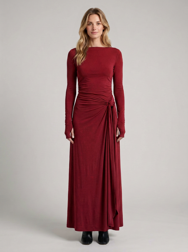 Draped Side Maxi Dress With Long Sleeves For Women