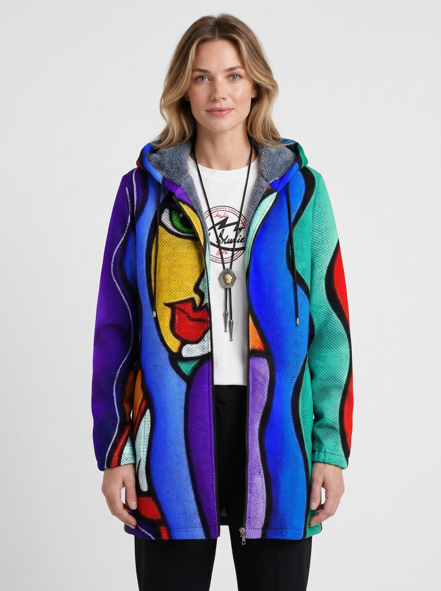 Long Hooded Zipper Cardigan with Artistic Pattern for Women - Elena Harper