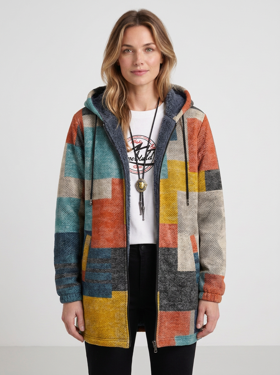 Hooded Cardigan with Geometric Pattern for Women