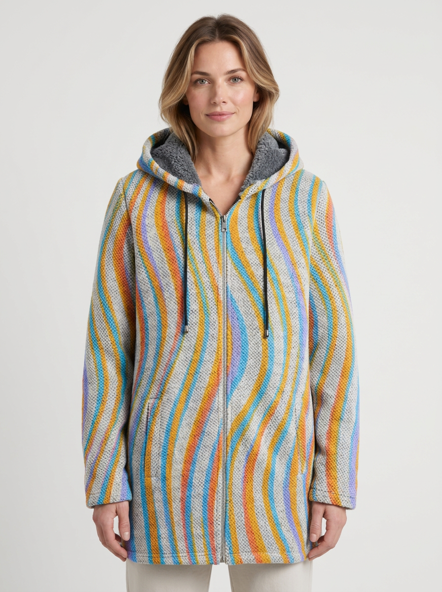 Long Hooded Zippered Cardigan with Subtle Striped Pattern for Women