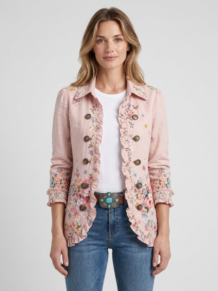 Floral Ruffled Jacket with Buttons for Women