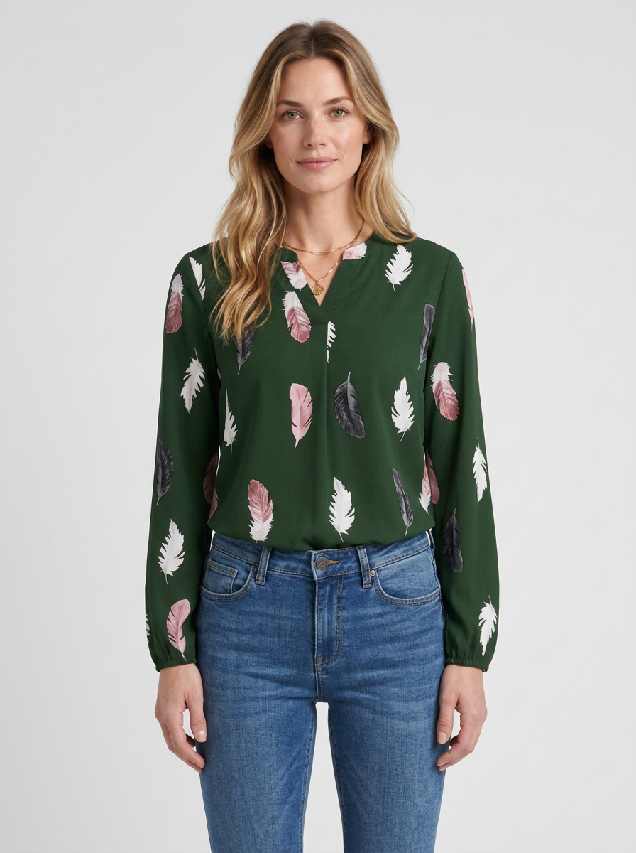 Feather-Print V-Neck Blouse For Women