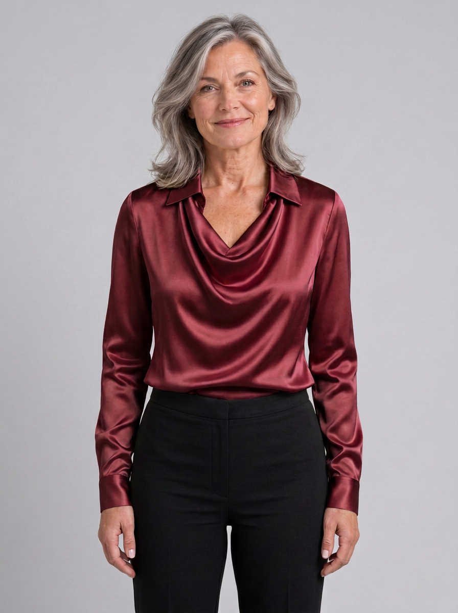 Draped-Neck Collared Blouse For Women