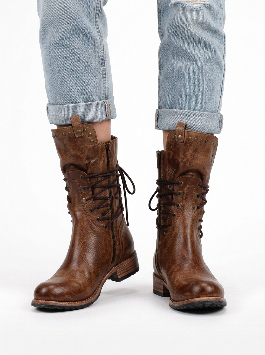 Western Lace-Up Ankle Boots with Metallic Studs and Small Heel for Women