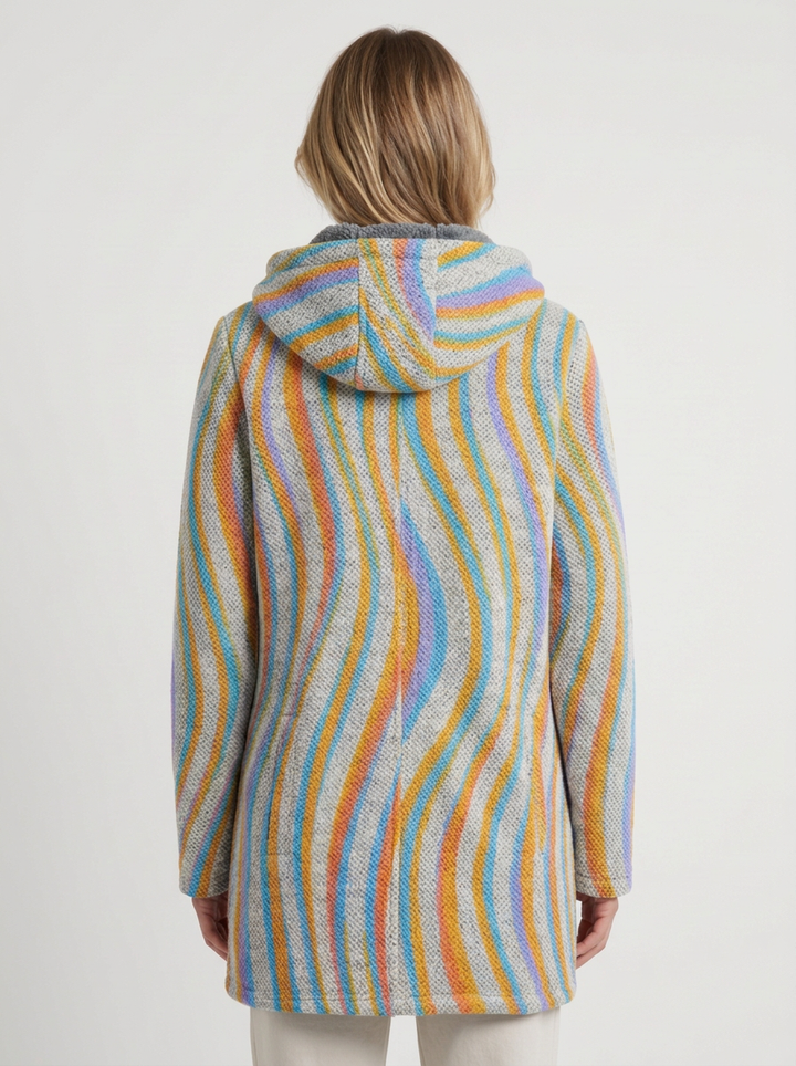 Long Hooded Zippered Cardigan with Subtle Striped Pattern for Women
