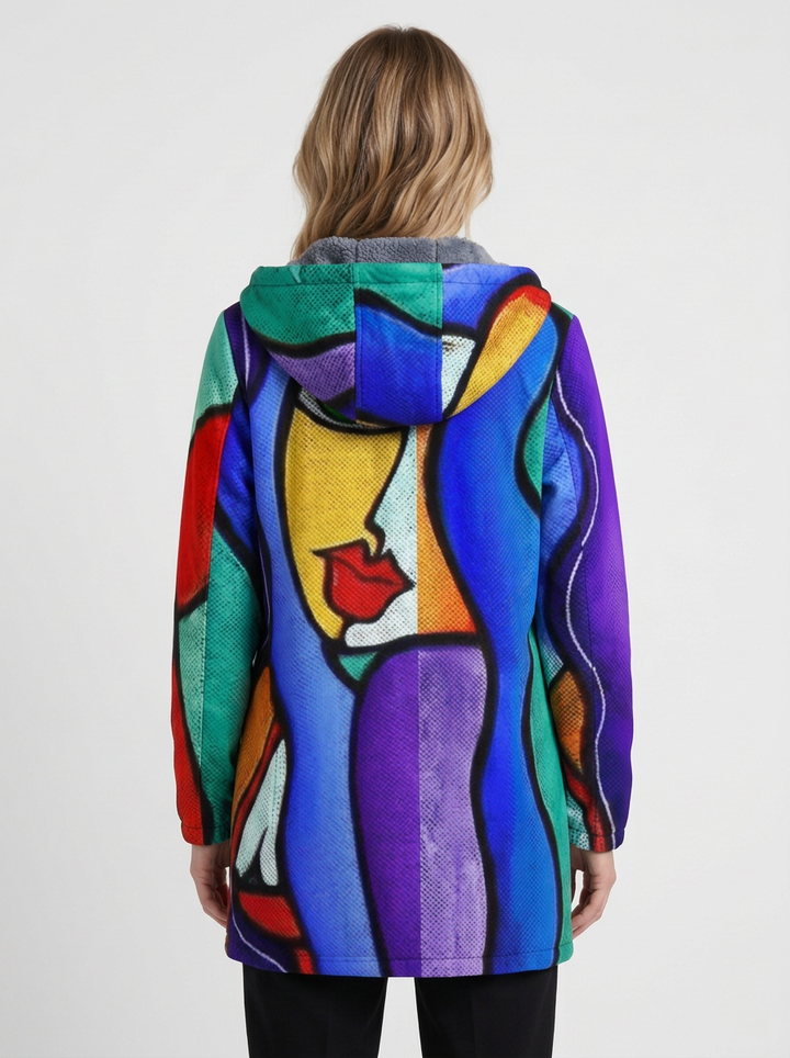 Long Hooded Zipper Cardigan with Artistic Pattern for Women, view 3 - Elena Harper