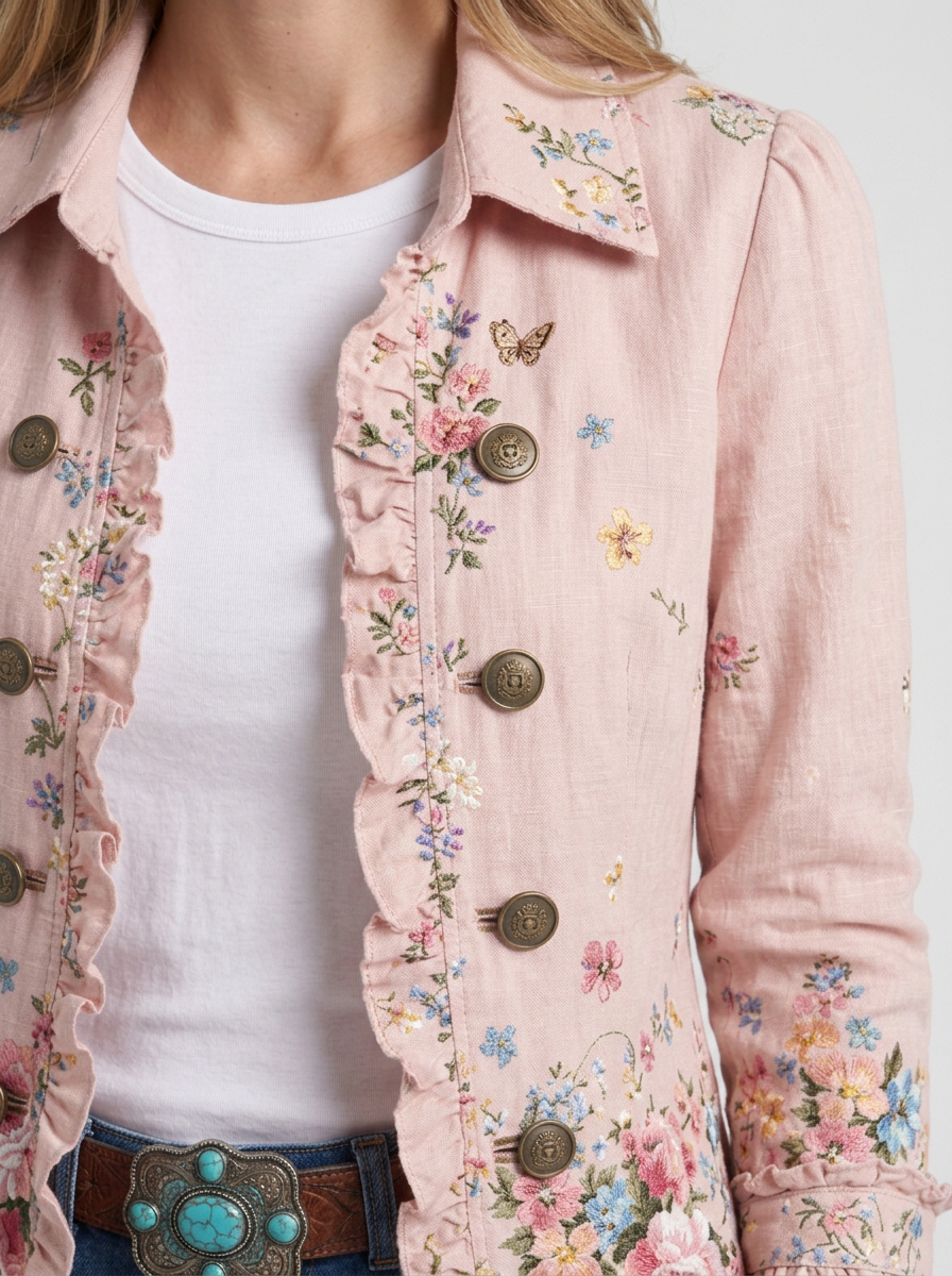 Floral Ruffled Jacket with Buttons for Women