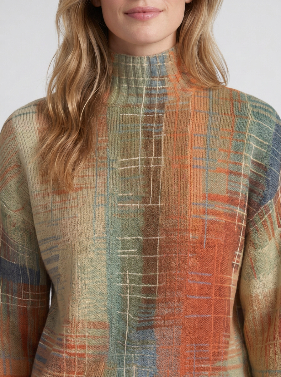 Pullover with Turtleneck and Artistic Print for Women