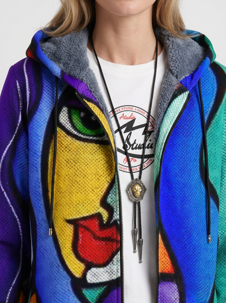 Long Hooded Zipper Cardigan with Artistic Pattern for Women, view 2 - Elena Harper