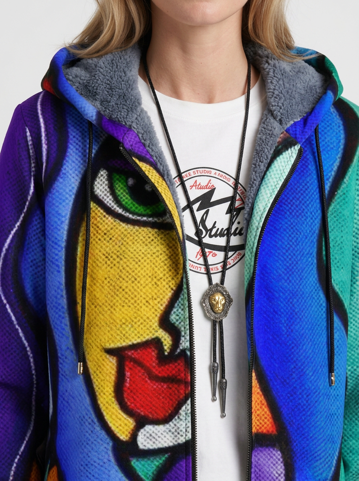 Long Hooded Zipper Cardigan with Artistic Pattern for Women, view 2 - Elena Harper
